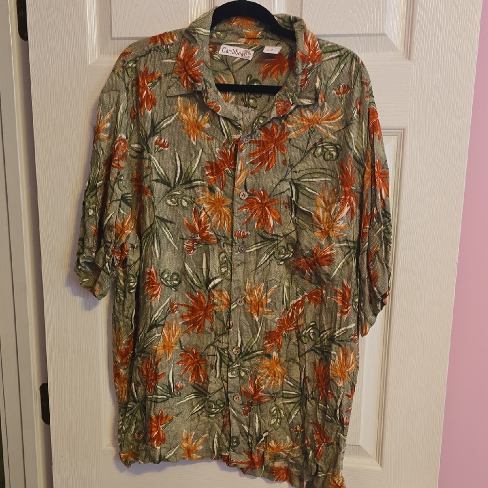 Caribbean Vibrant Green and Orange Floral‎ Shirt